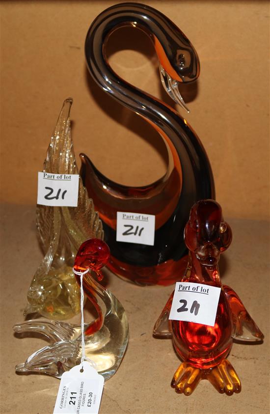 Four cased glass bird figures